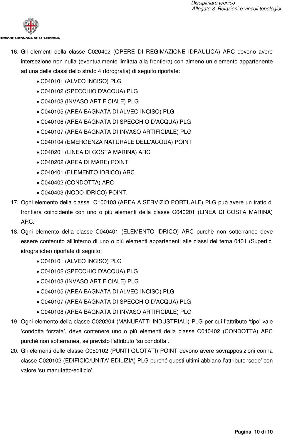 (AREA BAGNATA DI SPECCHIO D ACQUA) PLG C040107 (AREA BAGNATA DI INVASO ARTIFICIALE) PLG C040104 (EMERGENZA NATURALE DELL'ACQUA) POINT C040201 (LINEA DI COSTA MARINA) ARC C040202 (AREA DI MARE) POINT