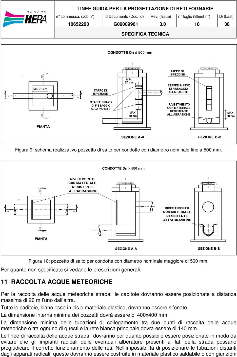 11 RACCOLTA ACQUE METEORICHE Per la raccolta delle acque meteoriche stradali le caditoie dovranno essere posizionate a distanza massima di 20 m l uno dall altra.