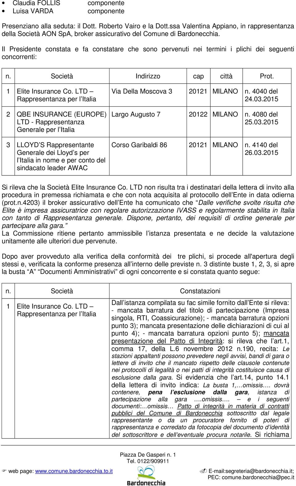 Il Presidente constata e fa constatare che sono pervenuti nei termini i plichi dei seguenti concorrenti: n. Società Indirizzo cap città Prot. 1 Elite Insurance Co.