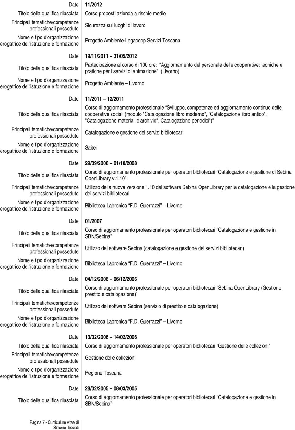 competenze ed aggiornamento continuo delle cooperative sociali (modulo "Catalogazione libro moderno", "Catalogazione libro antico", "Catalogazione materiali d'archivio", Catalogazione periodici")