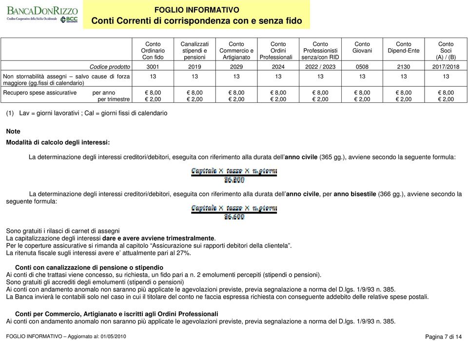 Giovani Dipend-Ente Soci (A) / (B) Codice prodotto 3001 2019 2029 2024 2022 / 2023 0508 2130 2017/2018 13 13 13 13 13 13 13 13 (1) Lav = giorni lavorativi ; Cal = giorni fissi di calendario Note