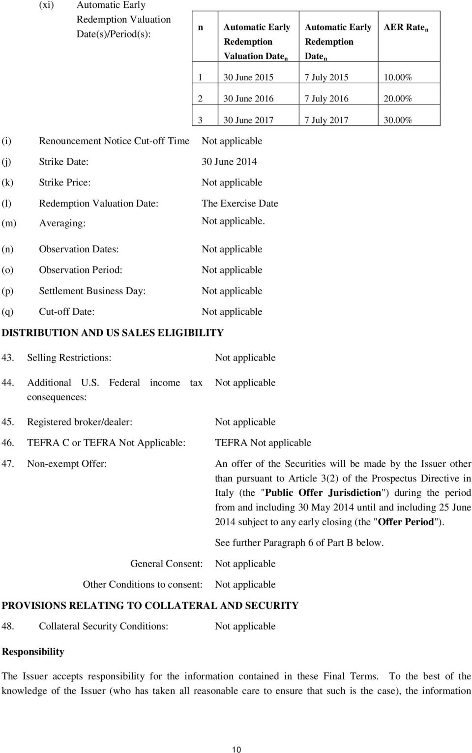 00% (i) Renouncement Notice Cut-off Time Not applicable (j) Strike Date: 30 June 2014 (k) Strike Price: Not applicable (l) Redemption Valuation Date: The Exercise Date (m) Averaging: Not applicable.