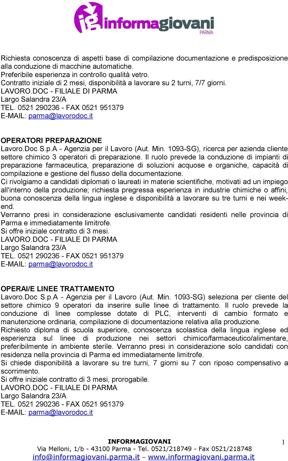 093-SG), ricerca per azienda cliente settore chimico 3 operatori di preparazione.