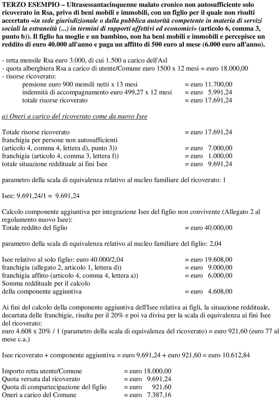 Il figlio ha moglie e un bambino, non ha beni mobili e immobili e percepisce un reddito di euro 40.000 all'anno e paga un affitto di 500 euro al mese (6.000 euro all'anno). - retta mensile Rsa euro 3.