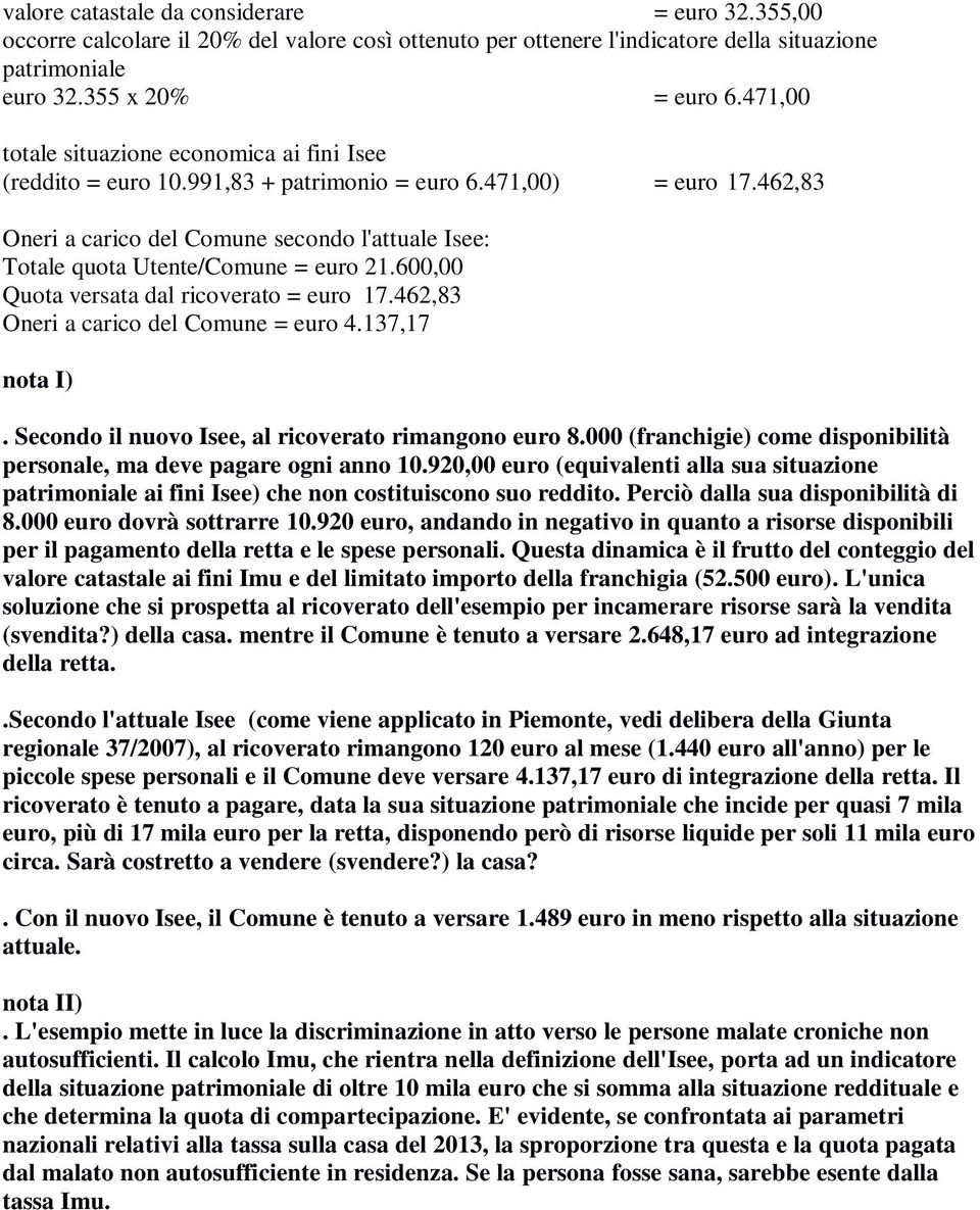 462,83 Oneri a carico del Comune secondo l'attuale Isee: Totale quota Utente/Comune = euro 21.600,00 Quota versata dal ricoverato = euro 17.462,83 Oneri a carico del Comune = euro 4.137,17 nota I).