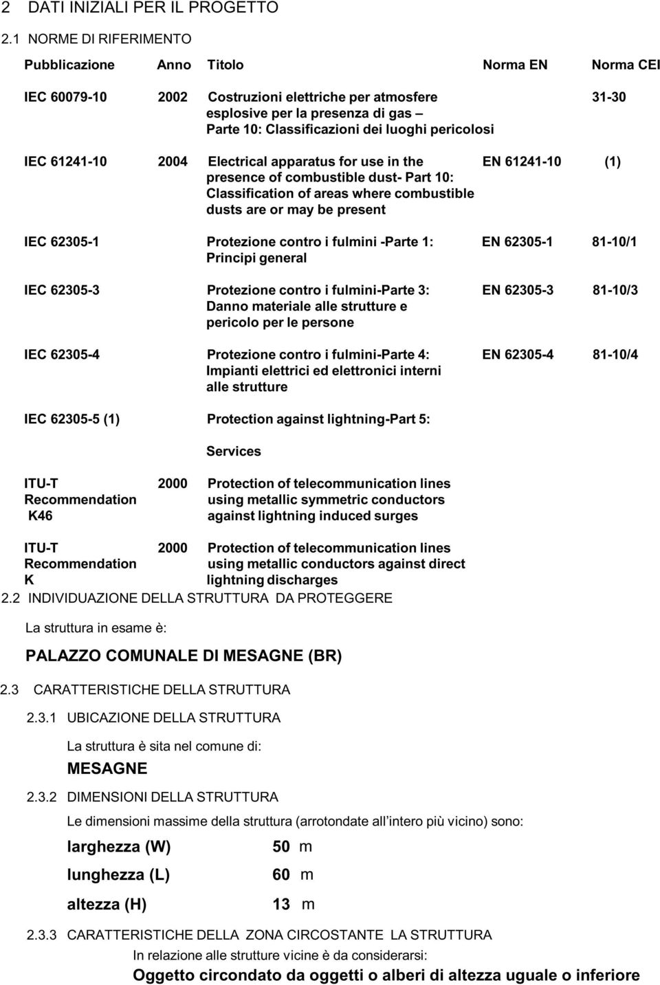 IEC 624-24 Electrical apparatus for use in the EN 624- () presence of combustible dust- Part : Classification of areas where combustible dusts are or may be present IEC 6235- Protezione contro i