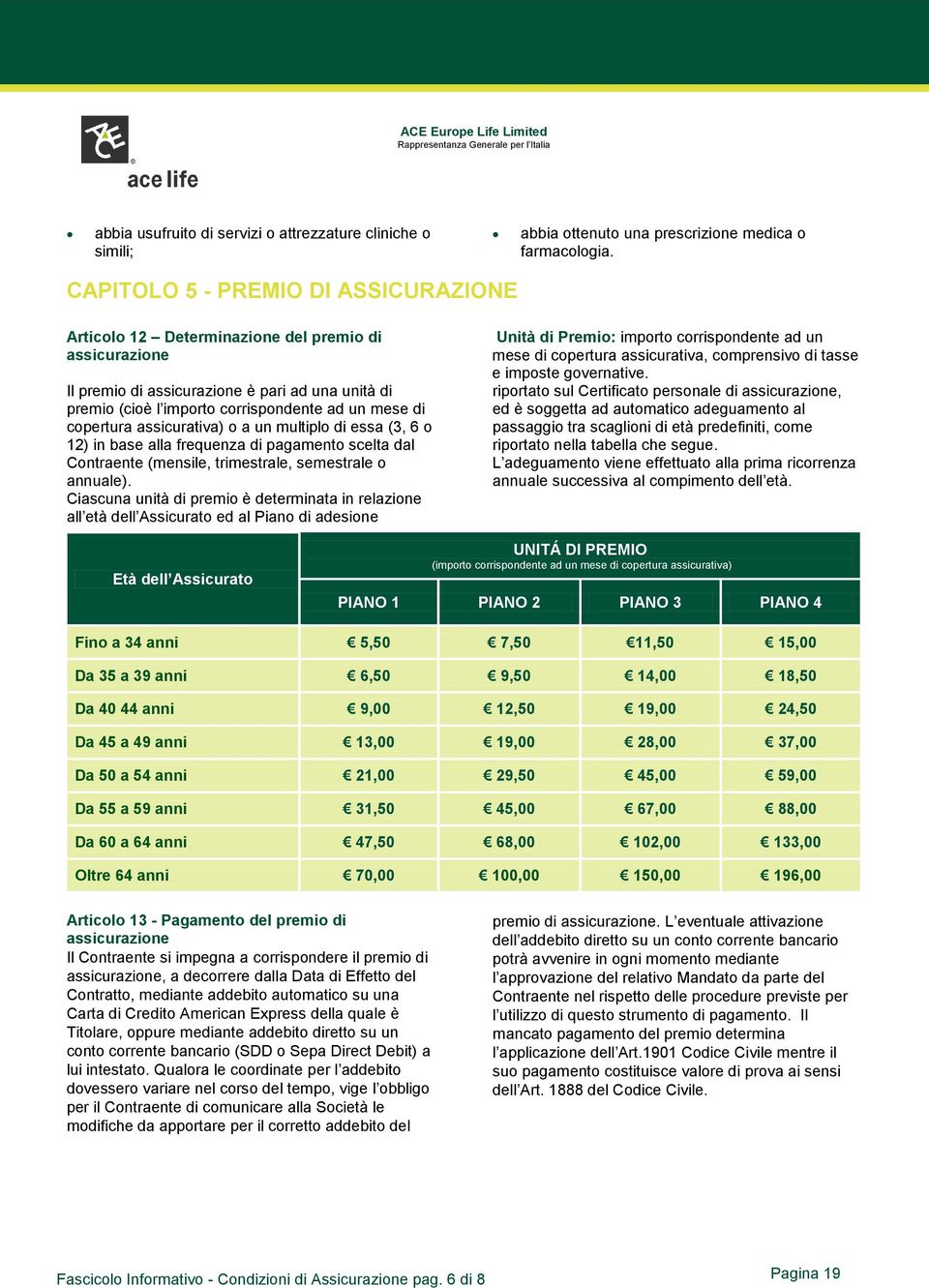 copertura assicurativa) o a un multiplo di essa (3, 6 o 12) in base alla frequenza di pagamento scelta dal Contraente (mensile, trimestrale, semestrale o annuale).