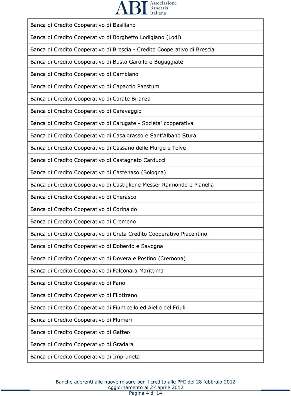 Cooperativo di Caravaggio Banca di Credito Cooperativo di Carugate - Societa' cooperativa Banca di Credito Cooperativo di Casalgrasso e Sant'Albano Stura Banca di Credito Cooperativo di Cassano delle