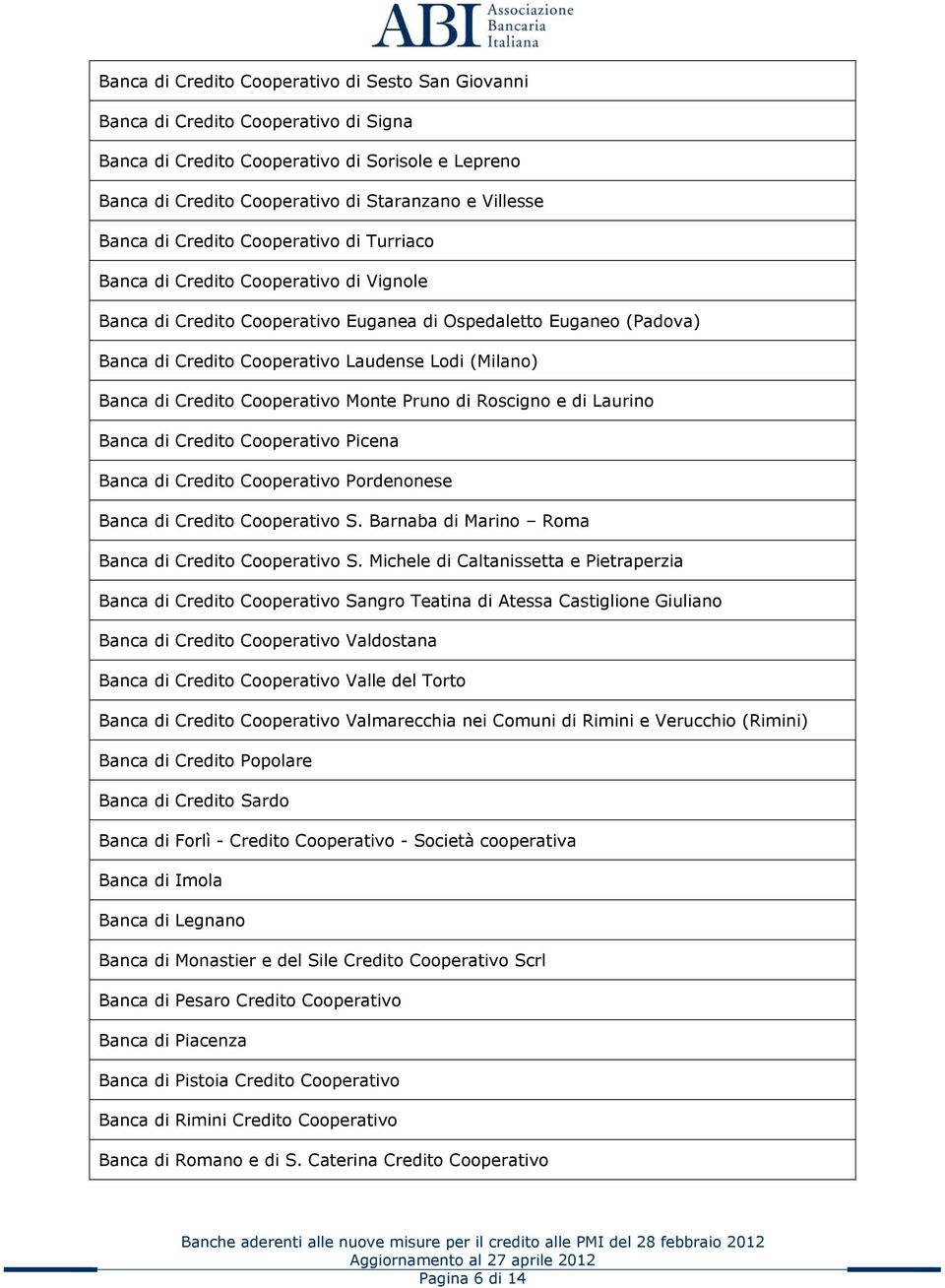 Banca di Credito Cooperativo Monte Pruno di Roscigno e di Laurino Banca di Credito Cooperativo Picena Banca di Credito Cooperativo Pordenonese Banca di Credito Cooperativo S.