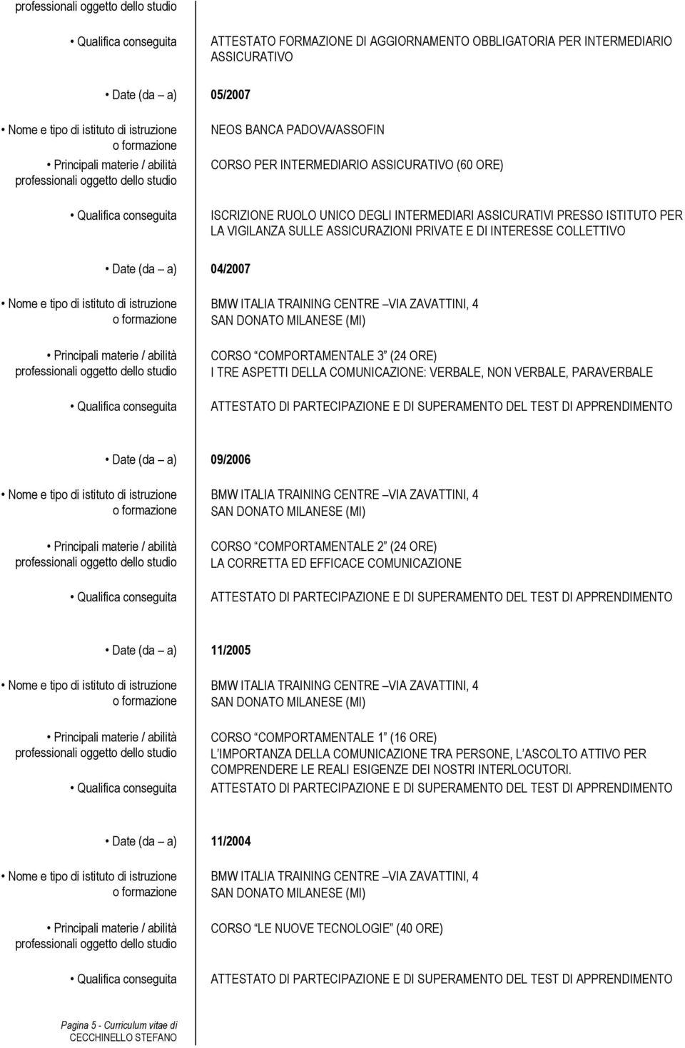 COMUNICAZIONE: VERBALE, NON VERBALE, PARAVERBALE ATTESTATO DI PARTECIPAZIONE E DI SUPERAMENTO DEL TEST DI APPRENDIMENTO Date (da a) 09/2006 CORSO COMPORTAMENTALE 2 (24 ORE) LA CORRETTA ED EFFICACE