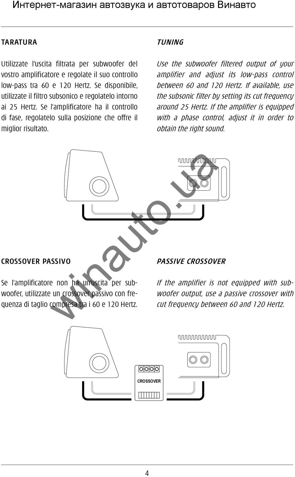 CROSSOVER PASSIVO Se l amplificatore non ha un'uscita per subwoofer, utilizzate un crossover passivo con frequenza di taglio compresa tra i 60 e 120 Hertz.