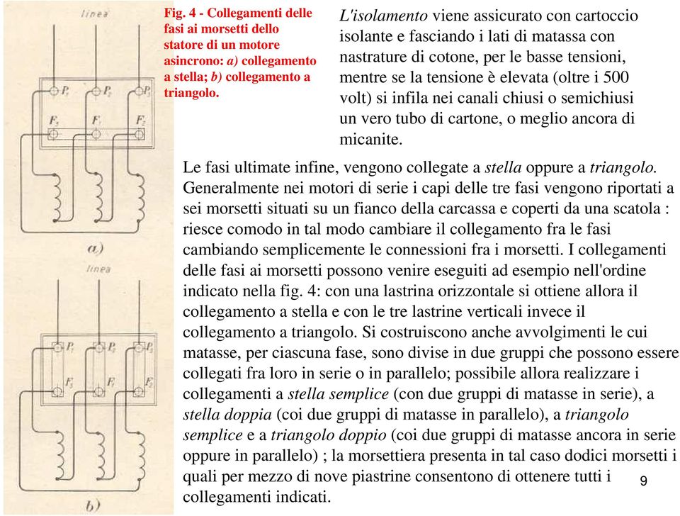 canali chiusi o semichiusi un vero tubo di cartone, o meglio ancora di micanite. Le fasi ultimate infine, vengono collegate a stella oppure a triangolo.