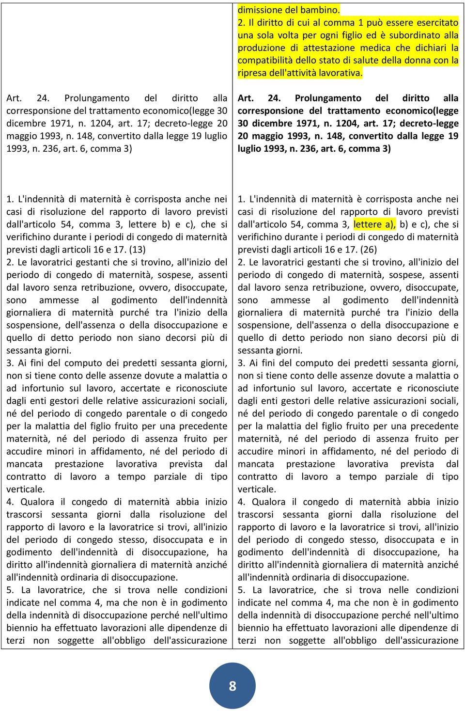 donna con la ripresa dell'attività lavorativa. Art. 24. Prolungamento del diritto alla corresponsione del trattamento economico(legge 30 dicembre 1971, n. 1204, art.