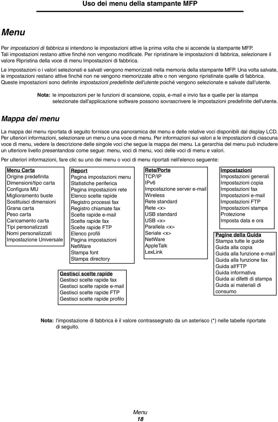 Le impostazioni o i valori selezionati e salvati vengono memorizzati nella memoria della stampante MFP.