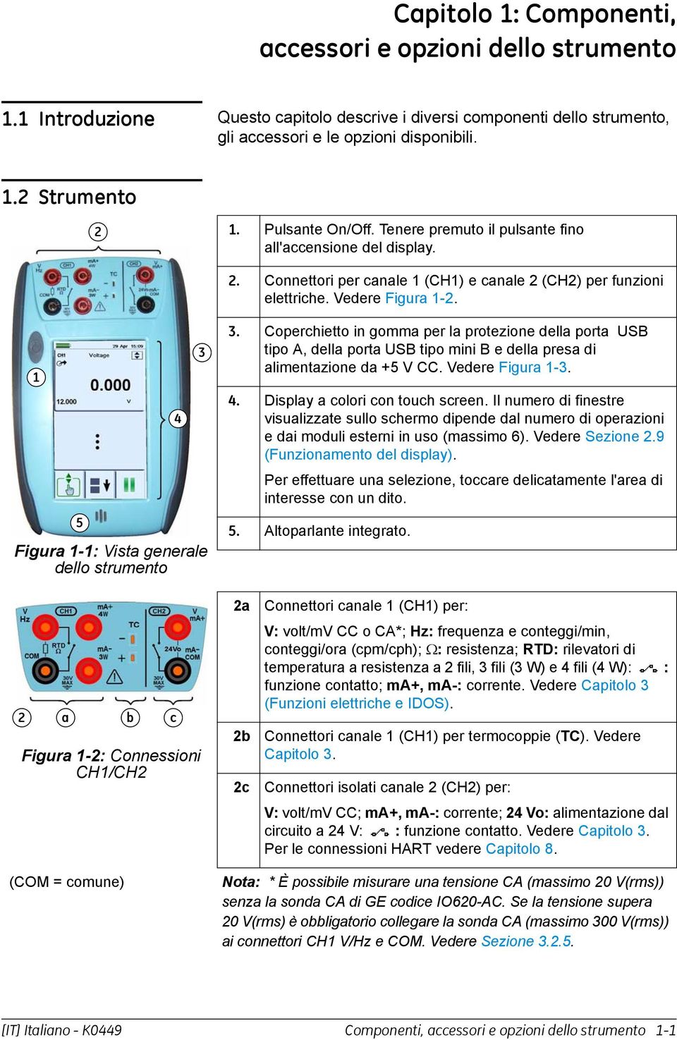 5 Figura -: Vista generale dello strumento 4. Coperchietto in gomma per la protezione della porta USB tipo A, della porta USB tipo mini B e della presa di alimentazione da +5 V CC. Vedere Figura -. 4. Display a colori con touch screen.