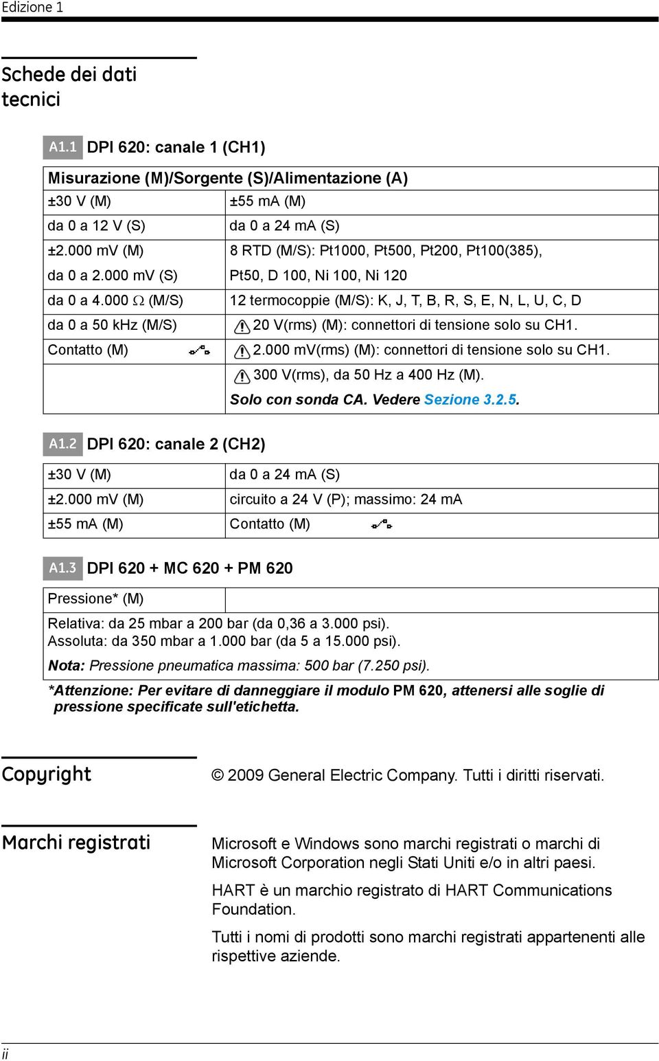 000 Ω (M/S) termocoppie (M/S): K, J, T, B, R, S, E, N, L, U, C, D da 0 a 50 khz (M/S) 0 V(rms) (M): connettori di tensione solo su CH. Contatto (M).000 mv(rms) (M): connettori di tensione solo su CH.