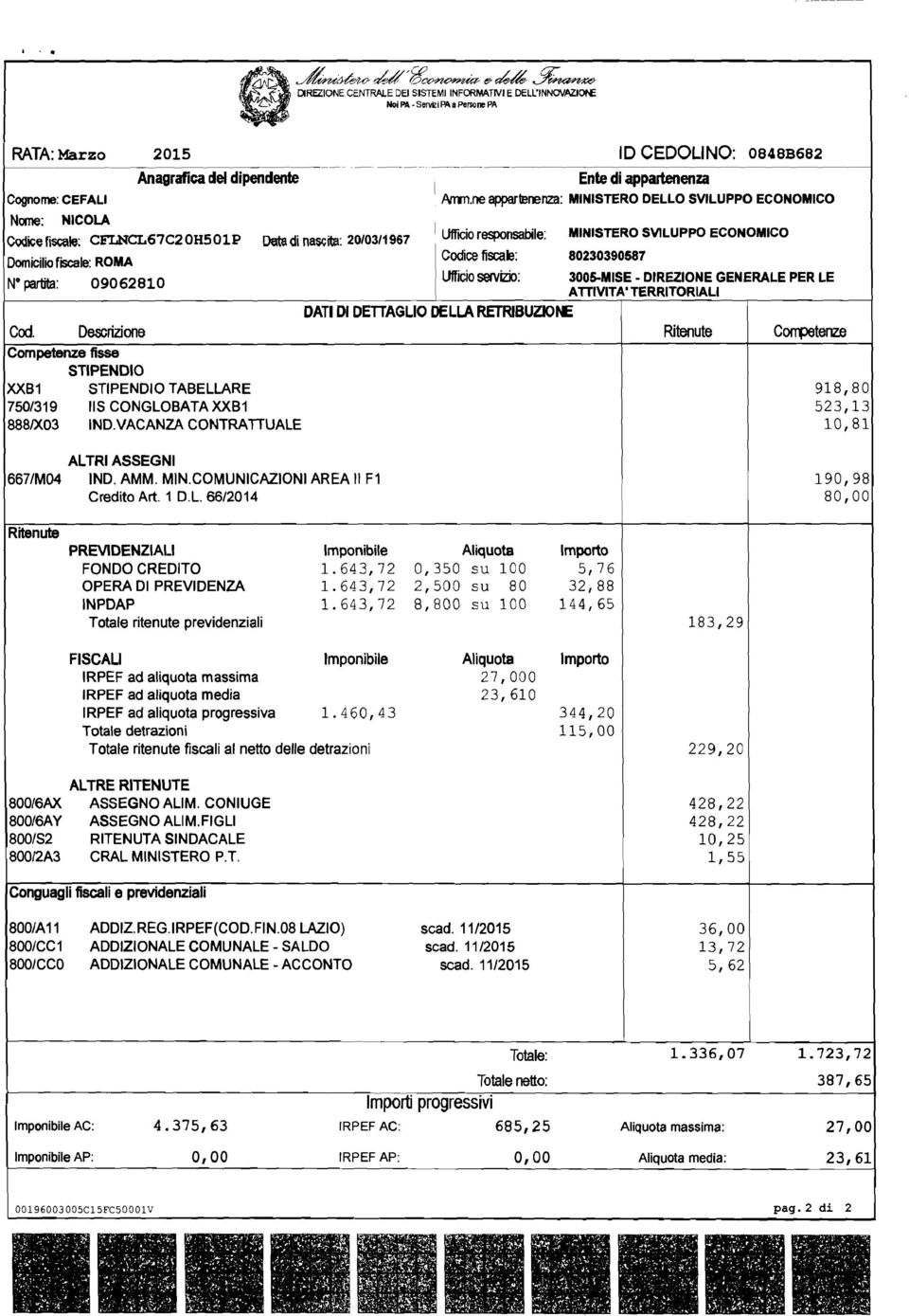 ne apparterenza: MNSTERO DELLO SVLUPPO ECONOMCO Nome: NCOLA UffCio responsabile: MNSTERO SVLUPPO ECONOMCO CWicefiscale: CFLNCL67C20H501P Data di nascita: 20/03/1967 Codice fiscale: 80230390587