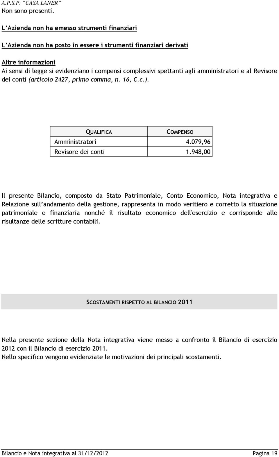 amministratori e al Revisore dei conti (articolo 2427, primo comma, n. 16, C.c.). QUALIFICA COMPENSO Amministratori 4.079,96 Revisore dei conti 1.