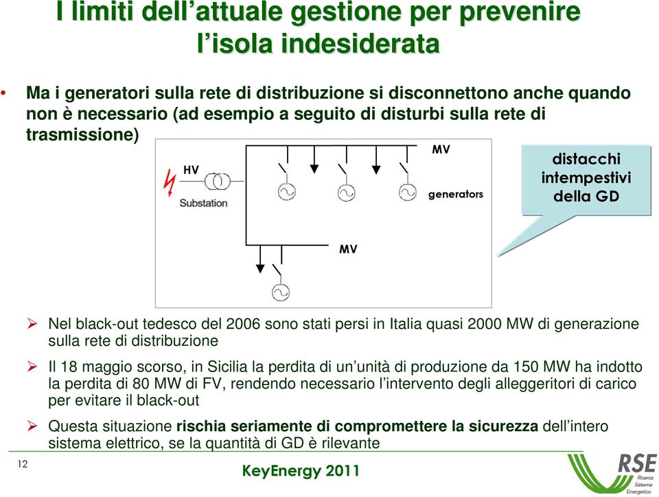 " Nel black-out tedesco del 2006 sono stati persi in Italia quasi 2000 MW di generazione sulla rete di distribuzione Il 18 maggio scorso, in Sicilia la perdita di un