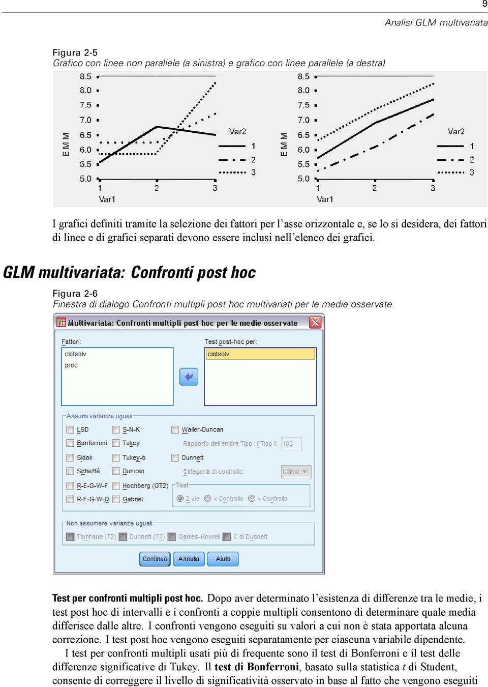GLM multivariata: Confronti post hoc Figura 2-6 Finestra di dialogo Confronti multipli post hoc multivariati per le medie osservate Test per confronti multipli post hoc.