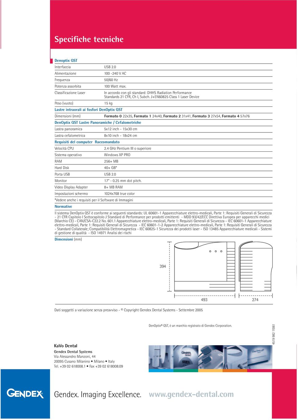 J+EN60825 Class 1 Laser Device Peso (vuoto) 15 kg Lastre intraorali ai fosfori DenOptix QST Dimensioni (mm) Formato 0 22x35, Formato 1 24x40, Formato 2 31x41, Formato 3 27x54, Formato 4 57x76