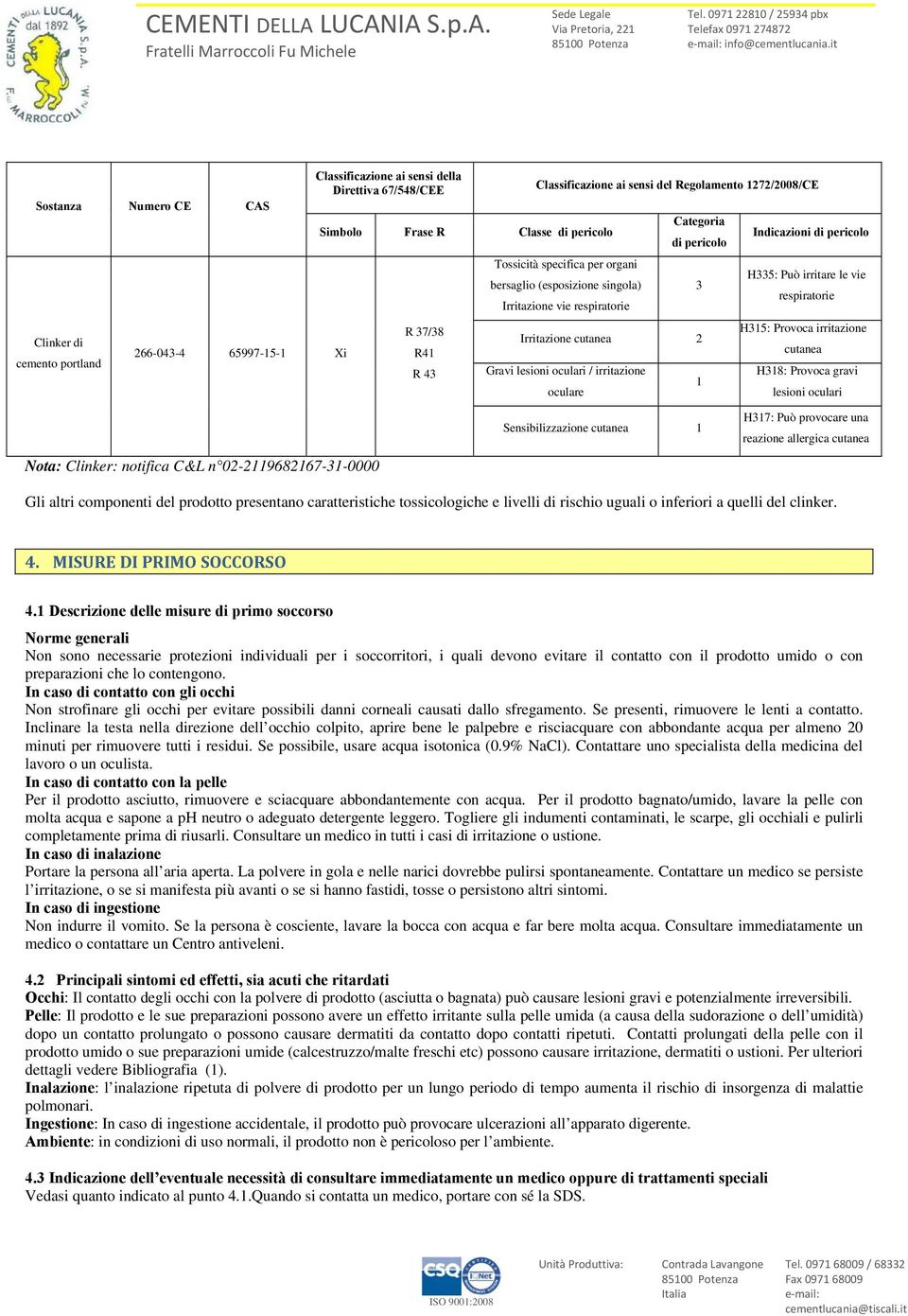 Reglament 1272/2008/CE Tssicità specifica per rgani bersagli (espsizine singla) Irritazine vie respiratrie Categria di pericl Irritazine cutanea 2 Gravi lesini culari / irritazine culare 3 1