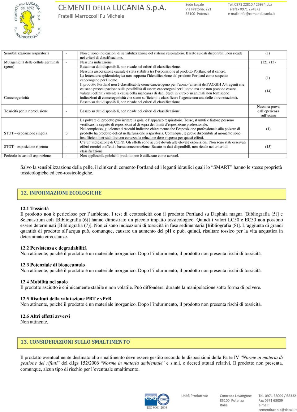 Nessuna assciazine causale è stata stabilita tra l espsizine al prdtt Prtland ed il cancr. La letteratura epidemilgica nn supprta l identificazine del prdtt Prtland cme sspett cancergen per l um.