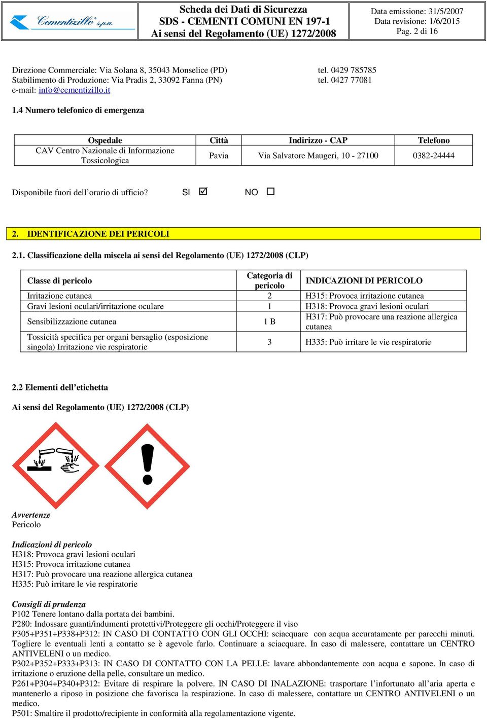 SI NO 2. IDENTIFICAZIONE DEI PERICOLI 2.1.