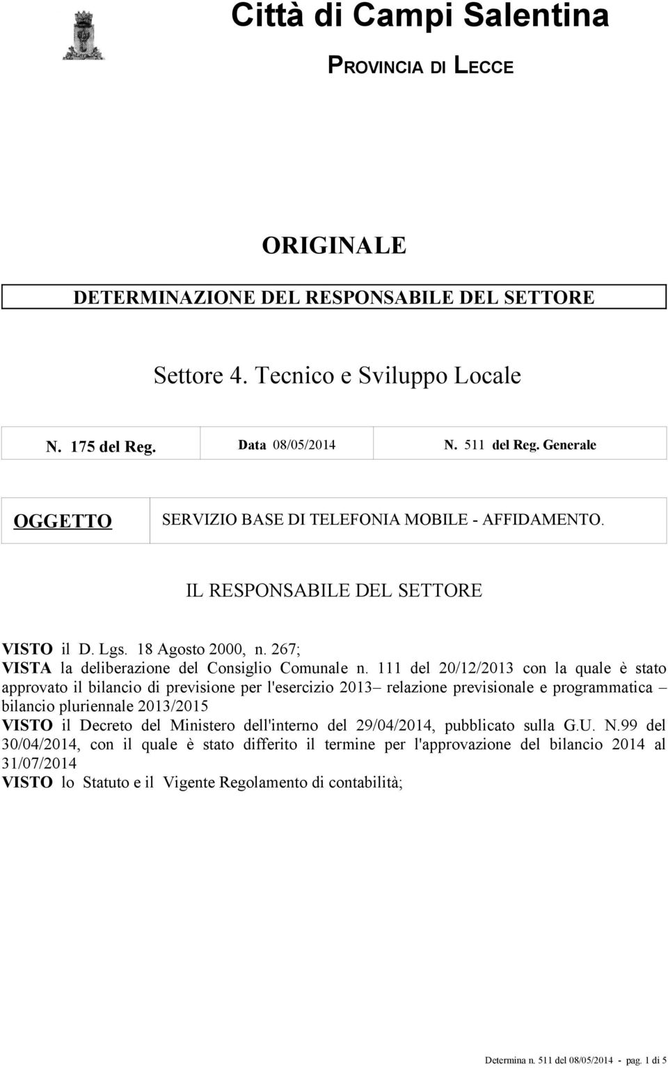 111 del 20/12/2013 con la quale è stato approvato il bilancio di previsione per l'esercizio 2013 relazione previsionale e programmatica bilancio pluriennale 2013/2015 VISTO il Decreto del Ministero