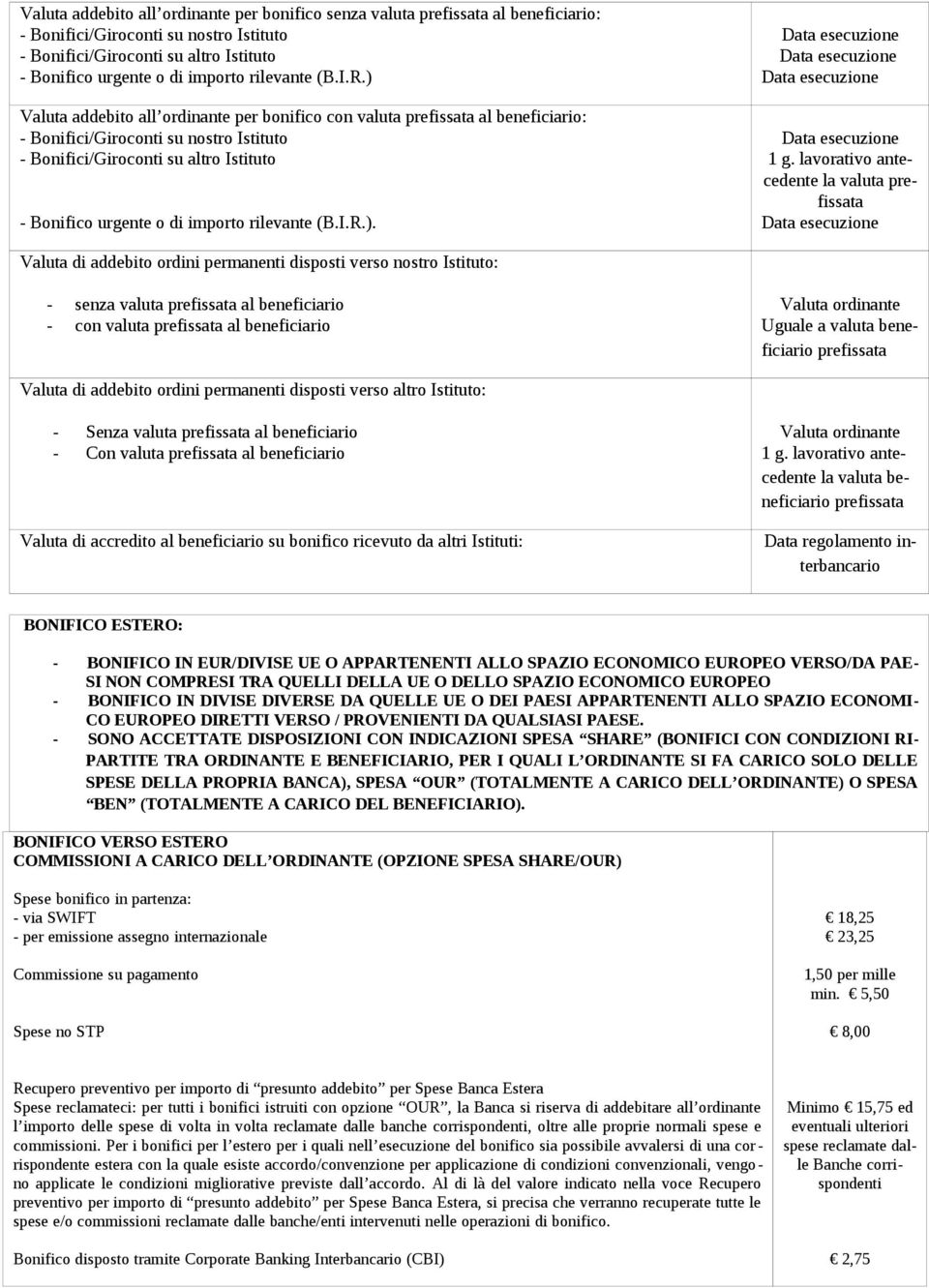 ) Valuta addebito all ordinante per bonifico con valuta prefissata al beneficiario: - Bonifici/Giroconti su nostro Istituto - Bonifici/Giroconti su altro Istituto - Bonifico urgente o di importo ).