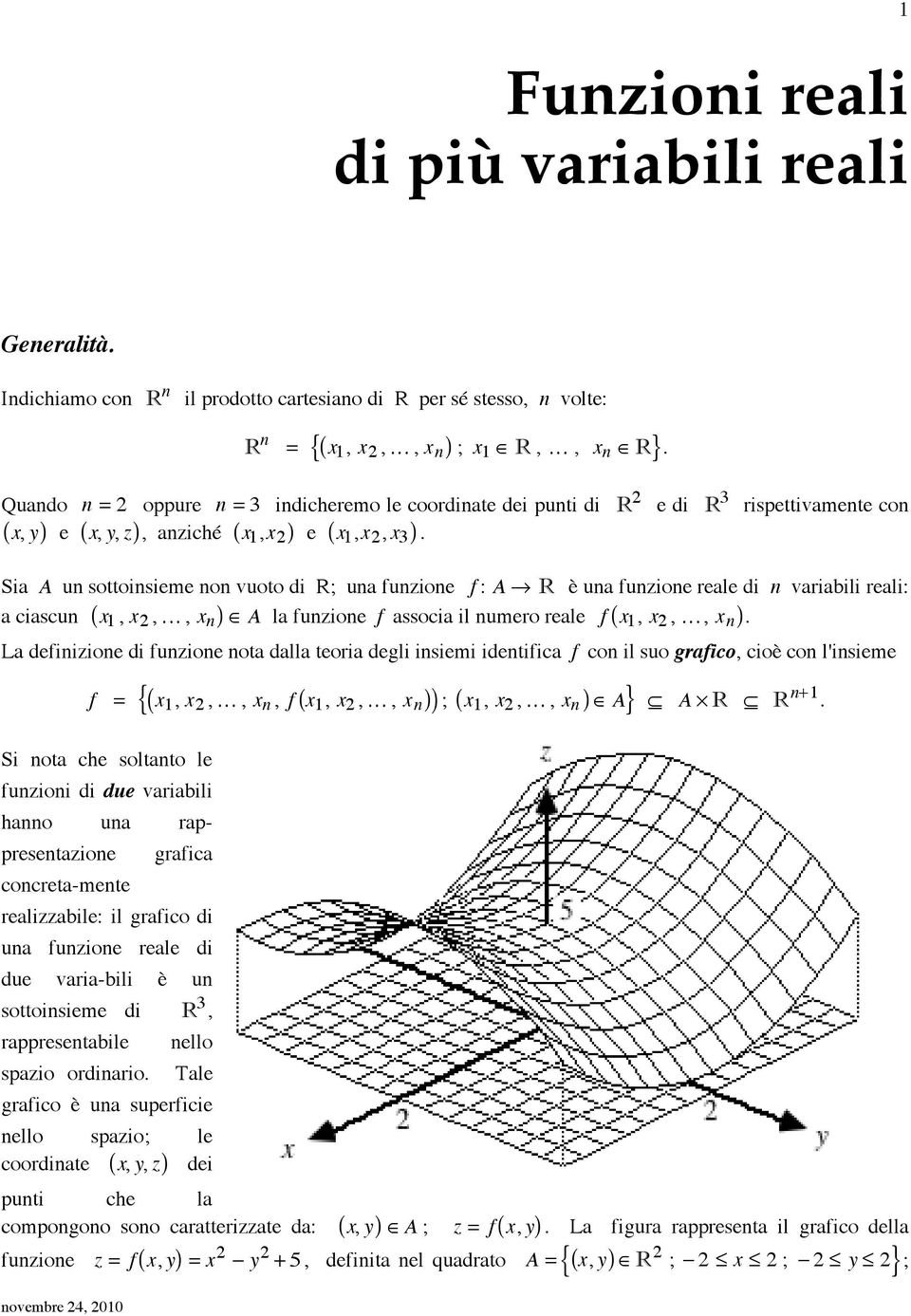 R è una funzione reale di n variabili reali: a ciascun (, 2,, n )! A la funzione f associa il numero reale f (, 2,, n ).