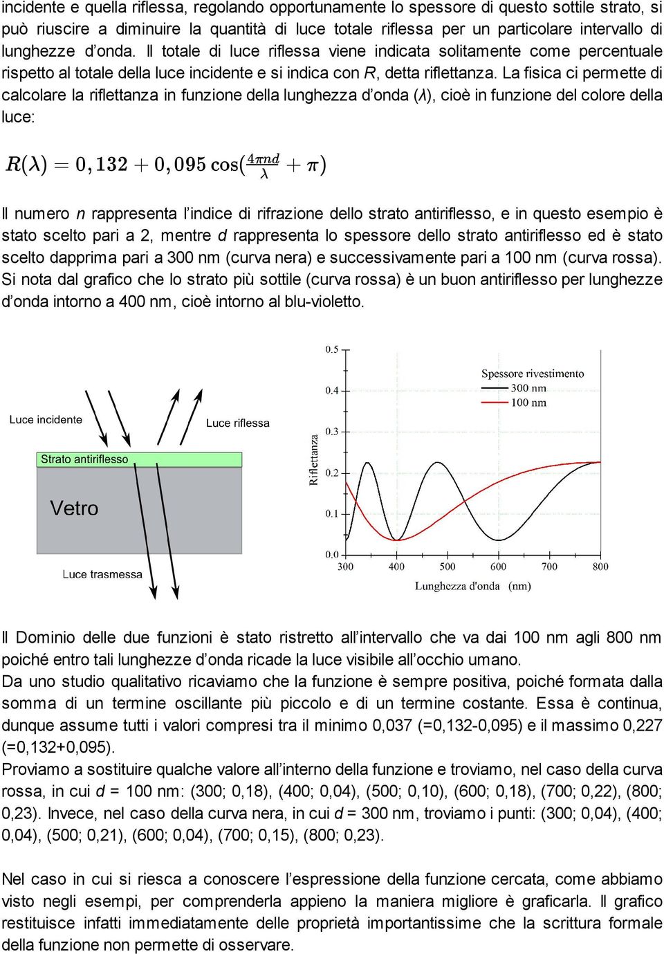 La fisica ci permette di calcolare la riflettanza in funzione della lunghezza d onda (λ), cioè in funzione del colore della luce: R (Õ) = 0; 132 + 0; 095 cos( 4Ùnd + Ù) Õ Il numero n rappresenta l