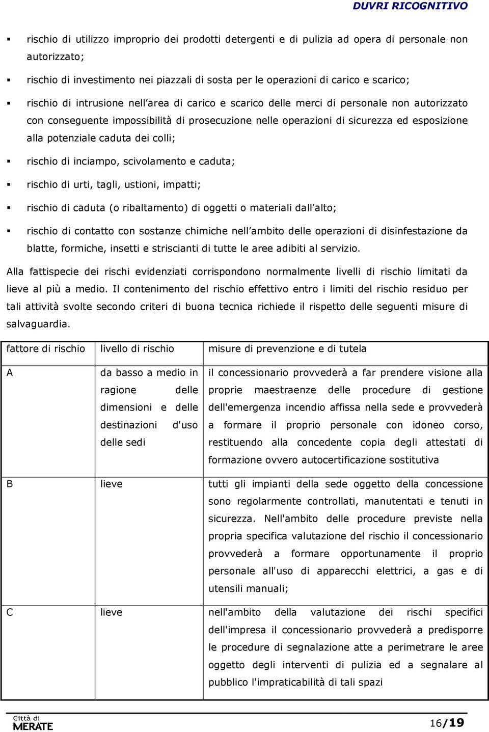 dei colli; rischio di inciampo, scivolamento e caduta; rischio di urti, tagli, ustioni, impatti; rischio di caduta (o ribaltamento) di oggetti o materiali dall alto; rischio di contatto con sostanze