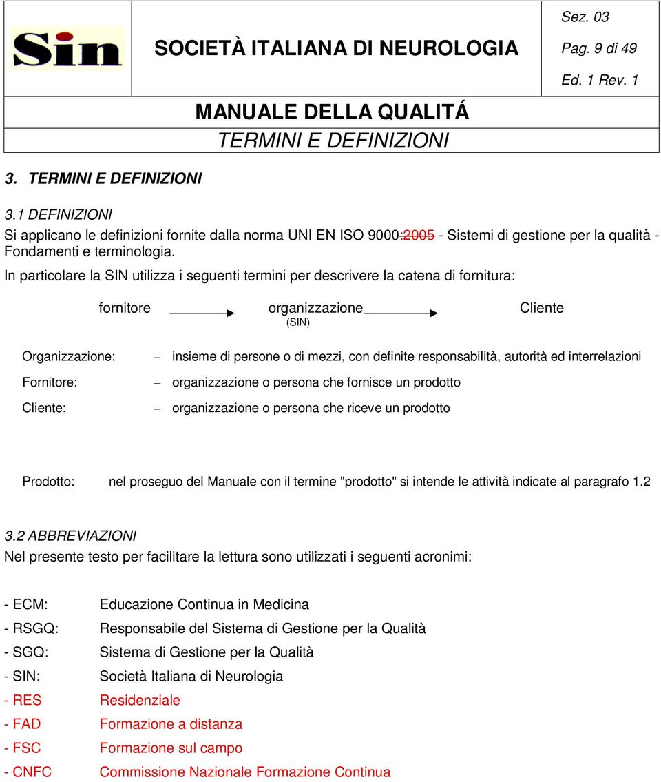 In particolare la SIN utilizza i seguenti termini per descrivere la catena di fornitura: fornitore organizzazione Cliente (SIN) Organizzazione: Fornitore: Cliente: insieme di persone o di mezzi, con