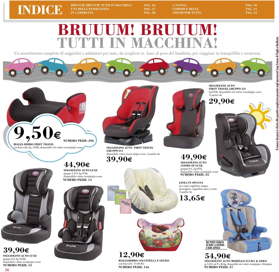 15/36, disponibile nel colore rosso/grigio scuro 44,90 SEGGIOLINO AUTO LUXE gruppo 1-2-3, kg 9-36, disponiibile colore nero/grigio scuro NUmERO PEzzI: 14 SEGGIOLINO AUTO FIRST TRAVEL GRUPPO 0-1