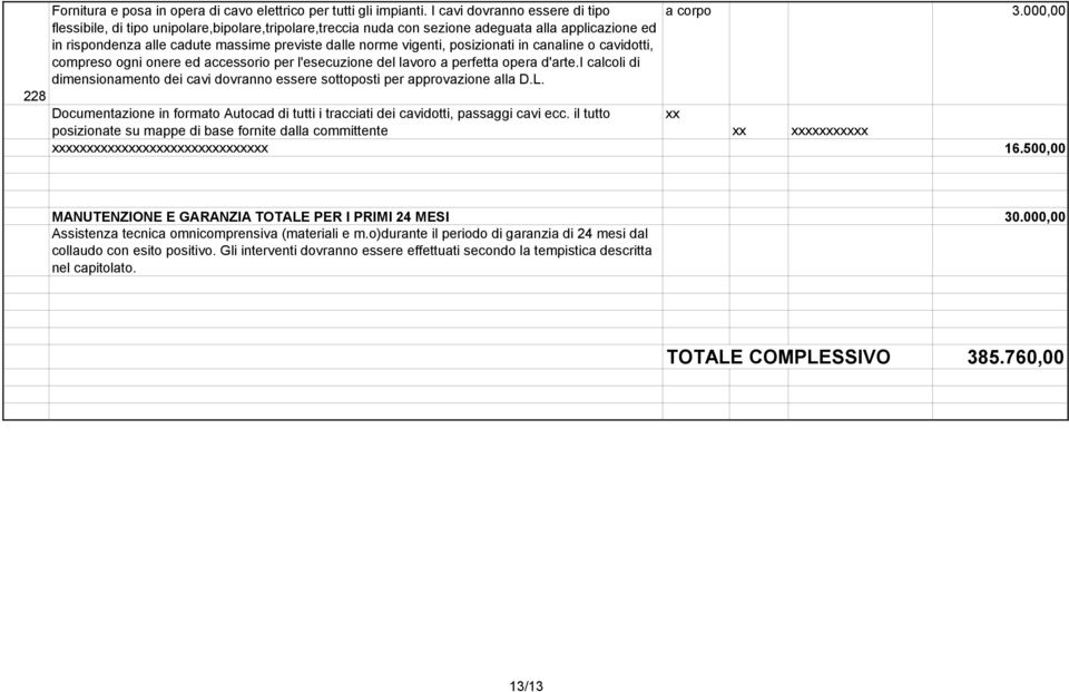 o cavidotti, compreso ogni onere ed accessorio per l'esecuzione del lavoro a perfetta opera d'arte.i calcoli di dimensionamento dei cavi dovranno essere sottoposti per approvazione alla D.L.