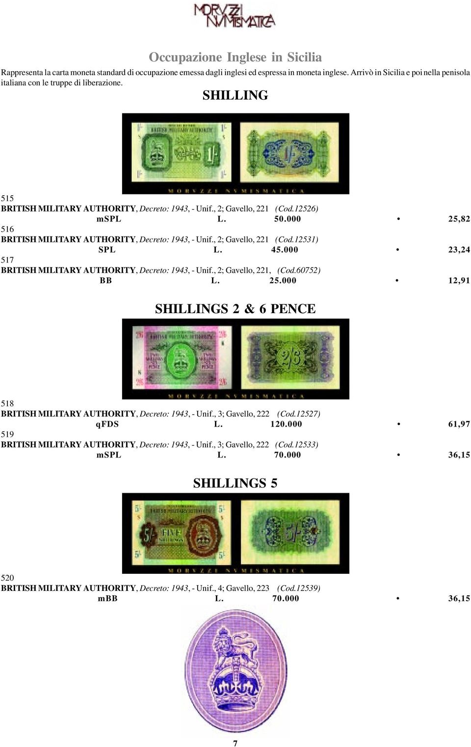 000 25,82 516 BRITISH MILITARY AUTHORITY, Decreto: 1943, - Unif., 2; Gavello, 221 (Cod.12531) SPL L. 45.000 23,24 517 BRITISH MILITARY AUTHORITY, Decreto: 1943, - Unif., 2; Gavello, 221, (Cod.