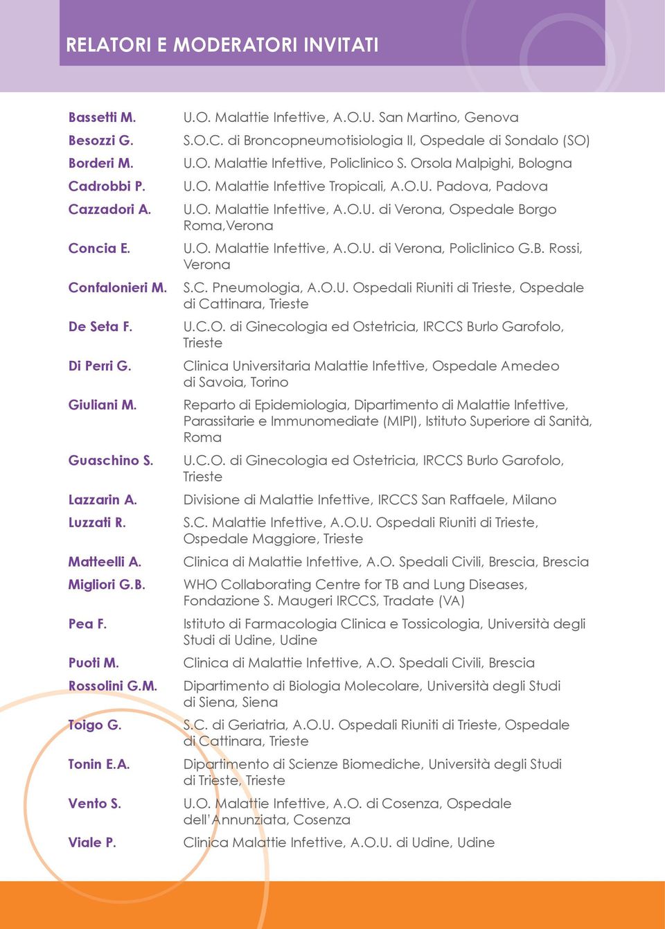 O. Malattie Infettive, Policlinico S. Orsola Malpighi, Bologna U.O. Malattie Infettive Tropicali, A.O.U. Padova, Padova U.O. Malattie Infettive, A.O.U. di Verona, Ospedale Borgo Roma,Verona U.O. Malattie Infettive, A.O.U. di Verona, Policlinico G.