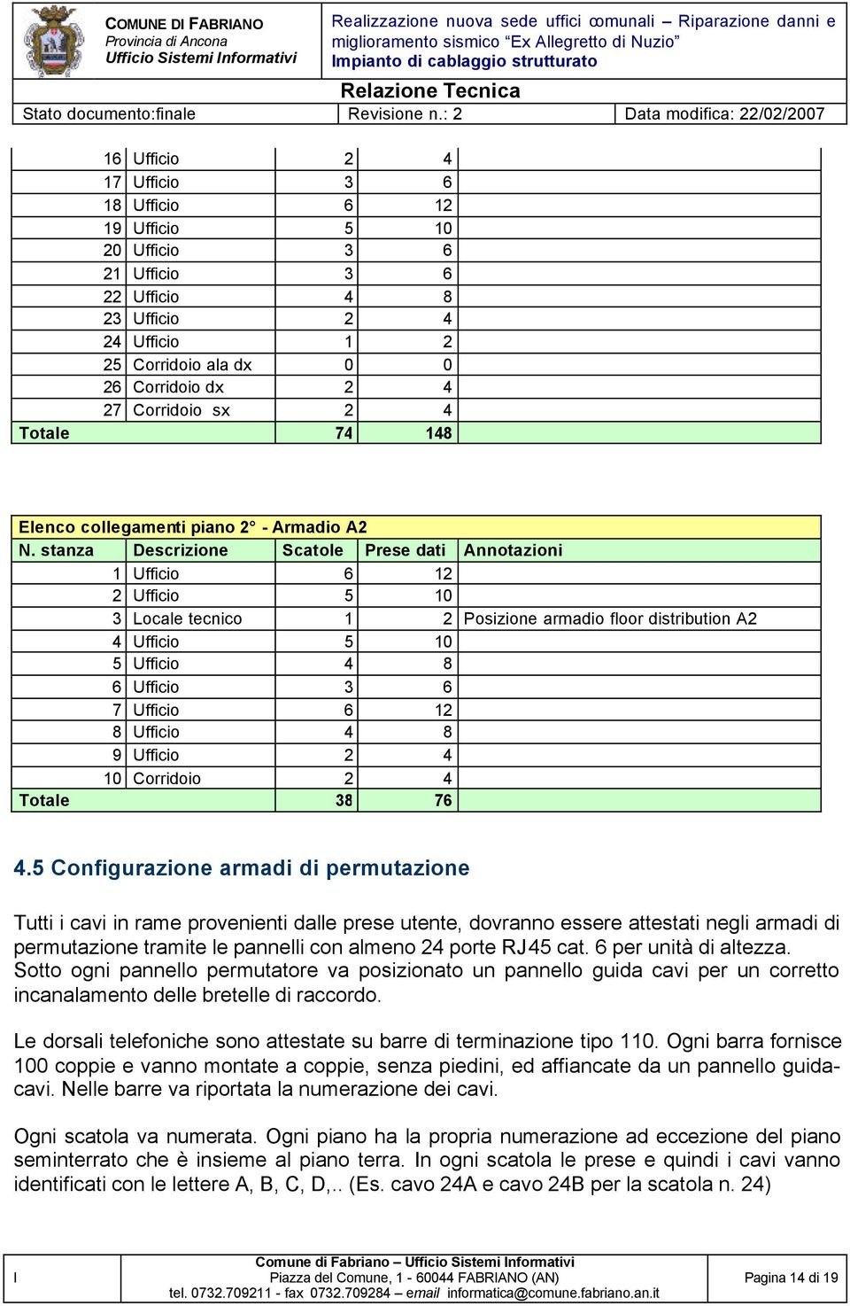 Corridoio dx 2 4 27 Corridoio sx 2 4 Totae 74 148 Eenco coegamenti piano 2 - Armadio A2 N.