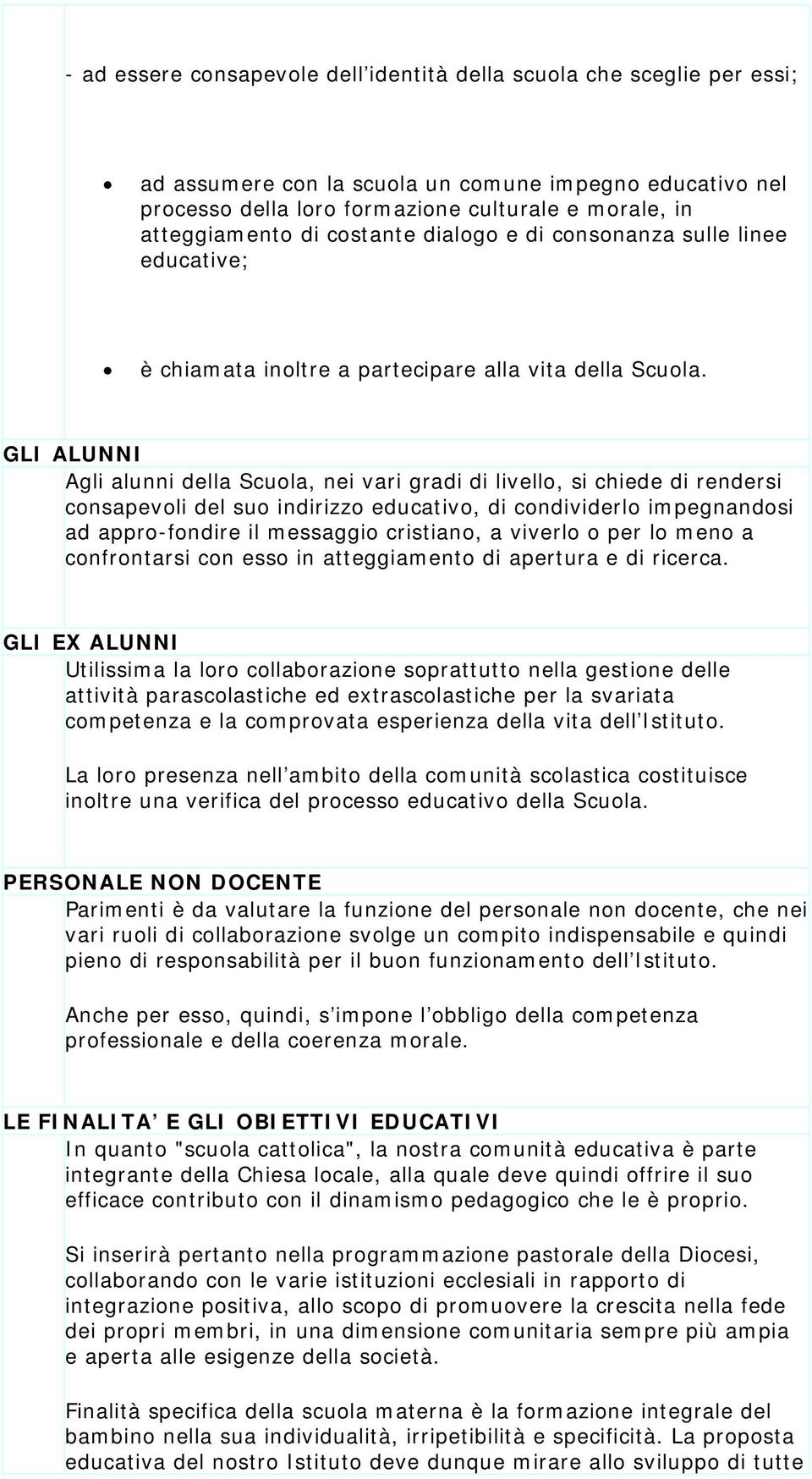 GLI ALUNNI Agli alunni della Scuola, nei vari gradi di livello, si chiede di rendersi consapevoli del suo indirizzo educativo, di condividerlo impegnandosi ad appro-fondire il messaggio cristiano, a