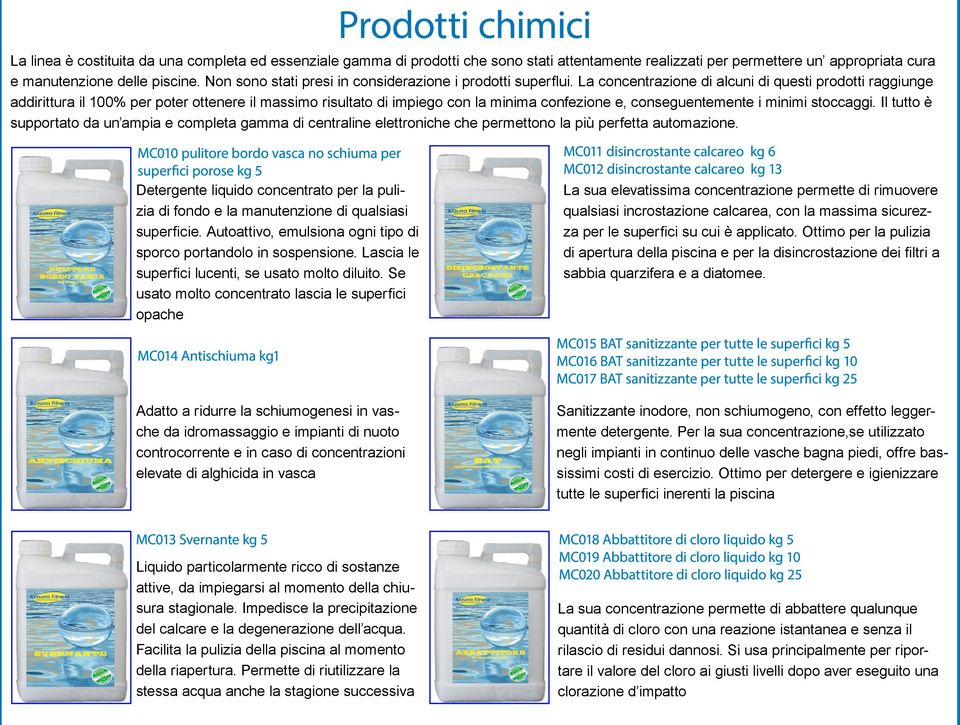 La concentrazione di alcuni di questi prodotti raggiunge addirittura il 100% per poter ottenere il massimo risultato di impiego con la minima confezione e, conseguentemente i minimi stoccaggi.