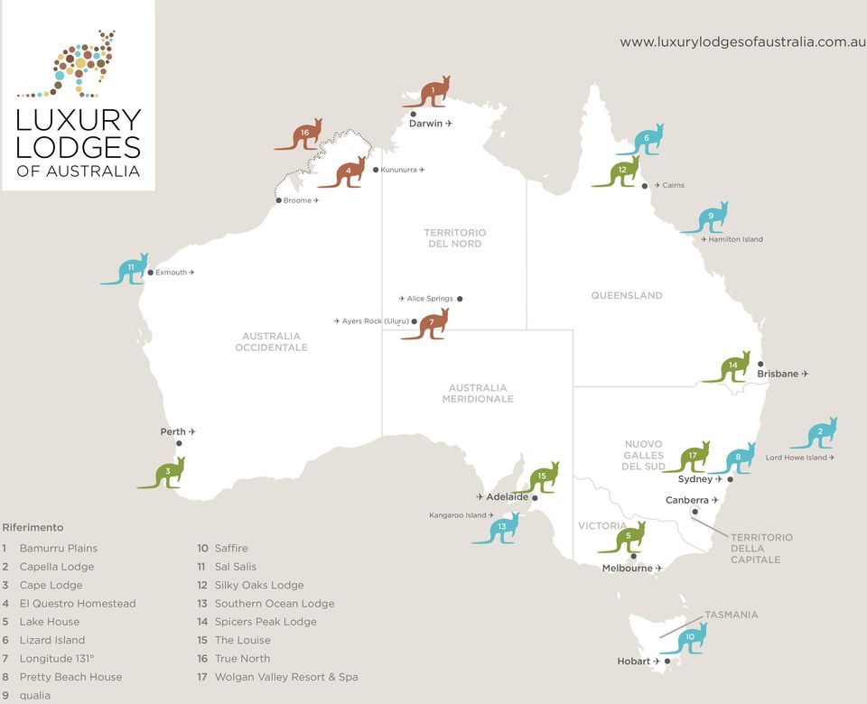 MERIDIONALE 14 Brisbane Perth 3 15 NUOVO GALLES DEL SUD 17 Sydney 8 2 Lord Howe Island Adelaide Canberra Riferimento 1 Bamurru Plains 2 Capella Lodge 10 Saffire 11 Sal Salis