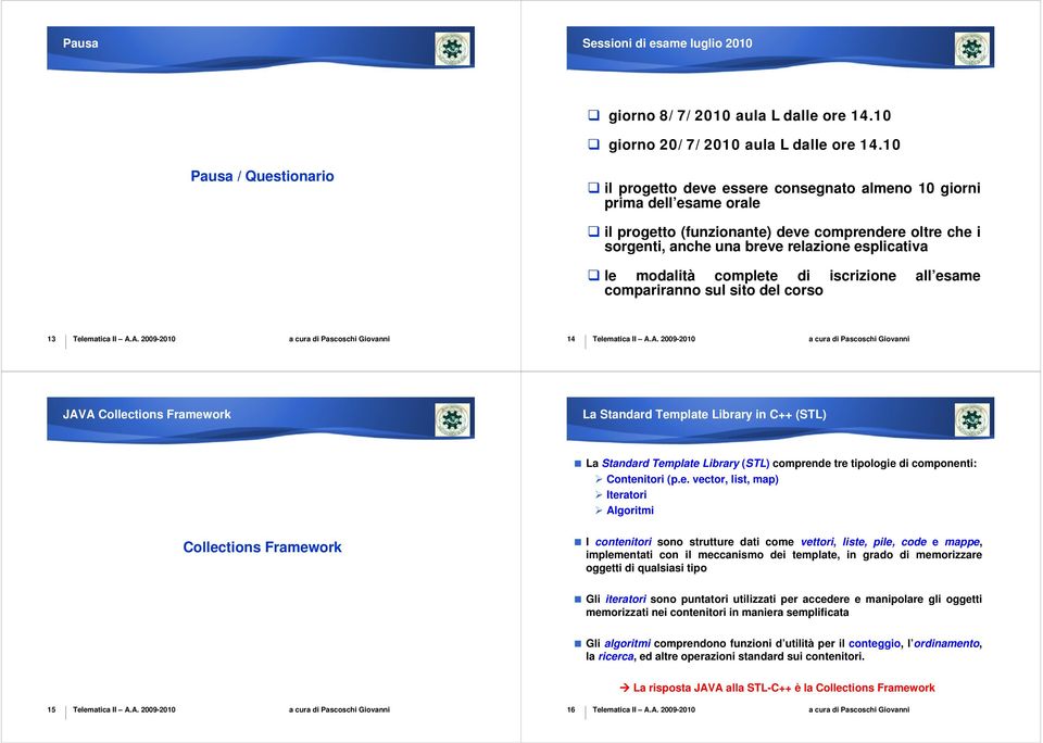 esplicativa le modalità complete di iscrizione all esame compariranno sul sito del corso 13 14 JAVA Collections Framework La Standard Template Library in C++ (STL) La Standard Template Library (STL)