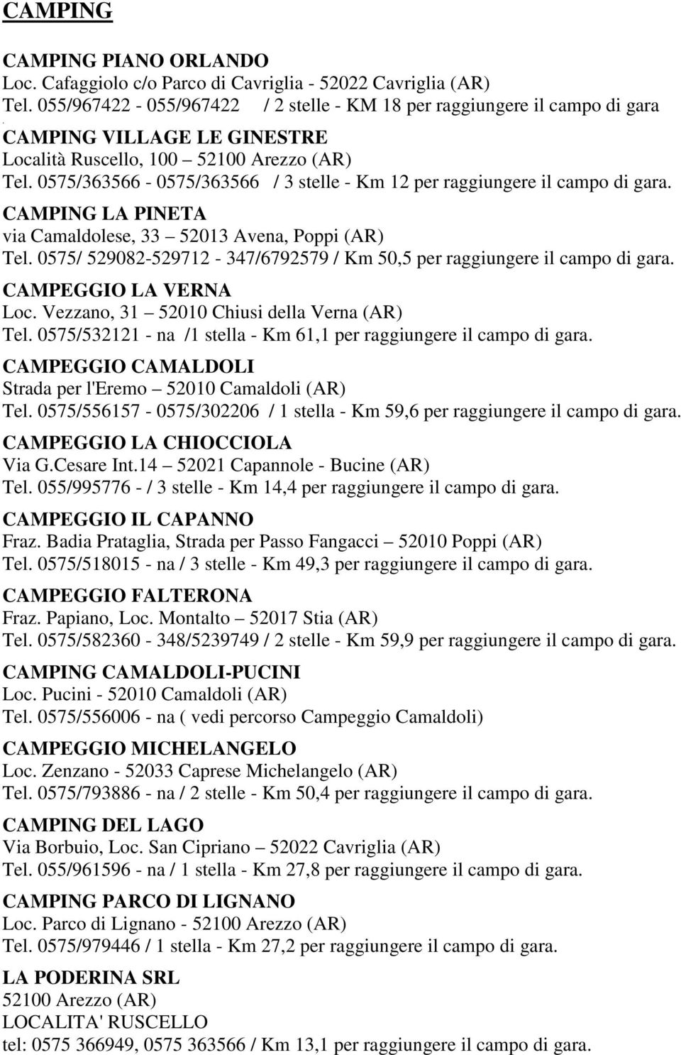 CAMPING LA PINETA via Camaldolese, 33 52013 Avena, Poppi (AR) Tel. 0575/ 529082-529712 - 347/6792579 / Km 50,5 per raggiungere il campo di gara. CAMPEGGIO LA VERNA Loc.