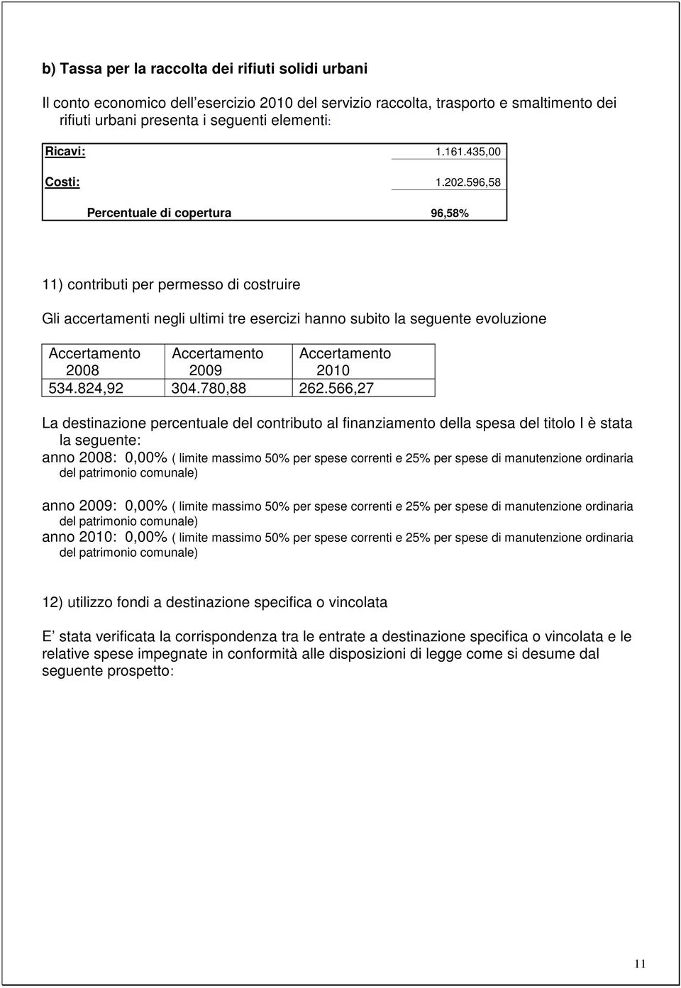 596,58 Percentuale di copertura 96,58% 11) contributi per permesso di costruire Gli accertamenti negli ultimi tre esercizi hanno subito la seguente evoluzione Accertamento Accertamento Accertamento