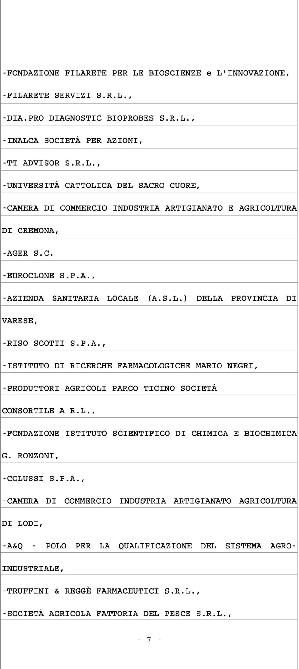 L., FONDAZIONE ISTITUTO SCIENTIFICO DI CHIMICA E BIOCHIMICA G. RONZONI, COLUSSI S.P.A., CAMERA DI COMMERCIO INDUSTRIA ARTIGIANATO AGRICOLTURA DI LODI, A&Q POLO PER LA QUALIFICAZIONE DEL SISTEMA AGRO INDUSTRIALE, TRUFFINI & REGGÈ FARMACEUTICI S.