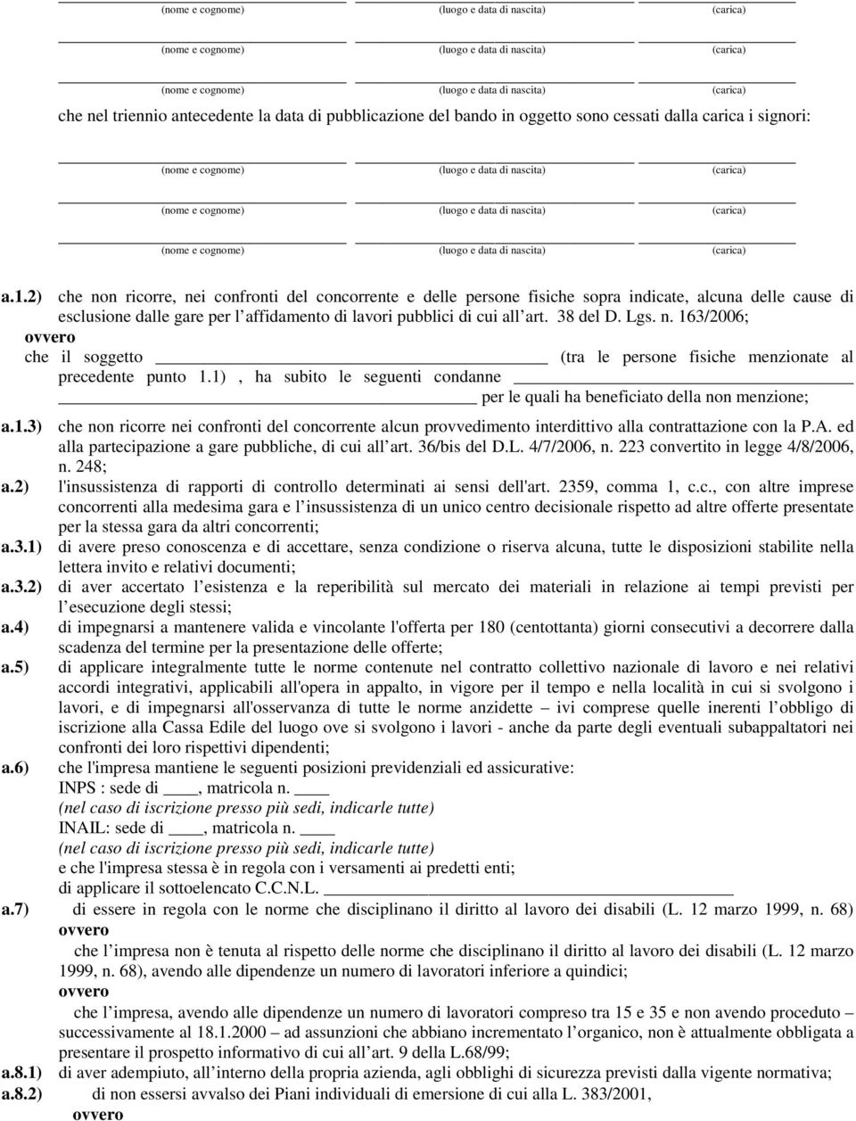 Lgs. n. 163/2006; che il soggetto (tra le persone fisiche menzionate al precedente punto 1.1), ha subito le seguenti condanne per le quali ha beneficiato della non menzione; a.1.3) che non ricorre nei confronti del concorrente alcun provvedimento interdittivo alla contrattazione con la P.