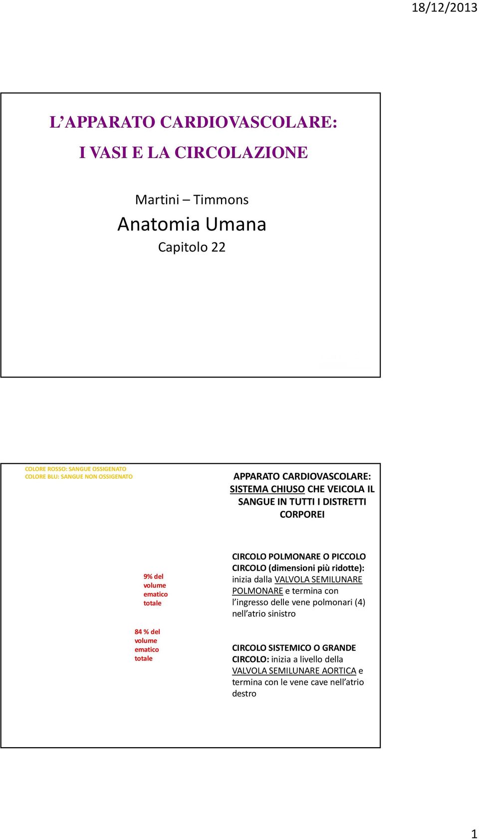 ematico totale CIRCOLO POLMONARE O PICCOLO CIRCOLO (dimensioni più ridotte): inizia dalla VALVOLA SEMILUNARE POLMONAREe termina con l ingresso delle vene