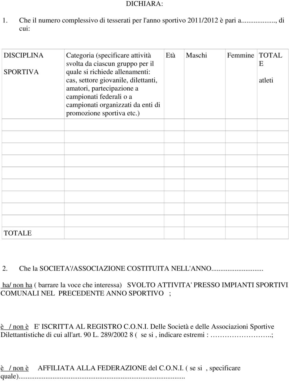 federali o a campionati organizzati da enti di promozione sportiva etc.) Età Maschi Femmine TOTAL E atleti TOTALE 2. Che la SOCIETA'/ASSOCIAZIONE COSTITUITA NELL'ANNO.