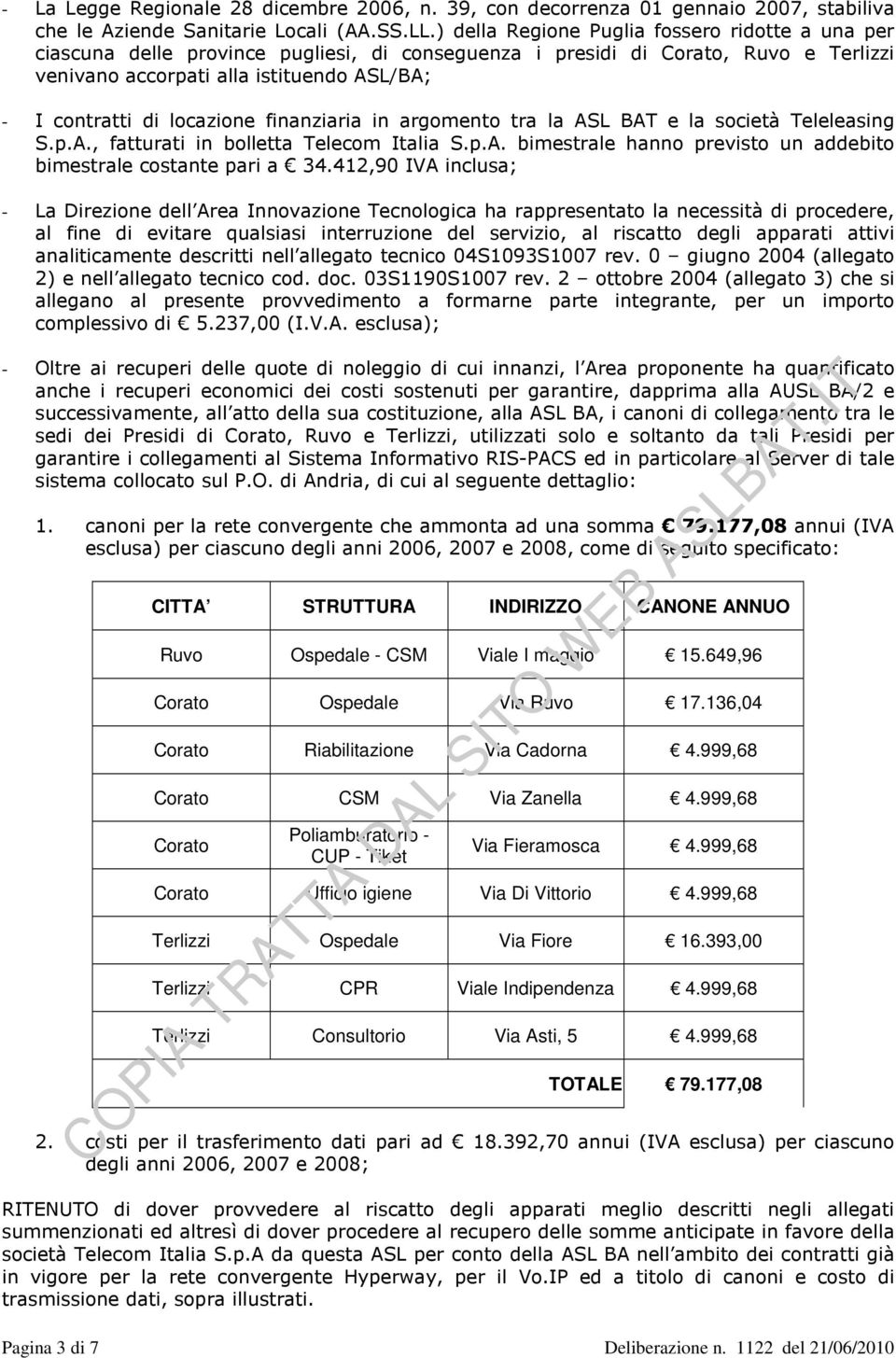 locazione finanziaria in argomento tra la ASL BAT e la società Teleleasing S.p.A., fatturati in bolletta Telecom Italia S.p.A. bimestrale hanno previsto un addebito bimestrale costante pari a 34.